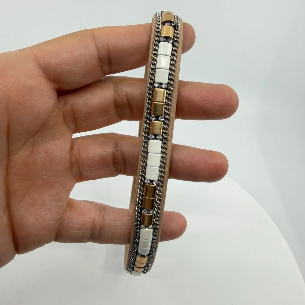 Stella & Dot Tan Faux Leather Wrap Bracelet Mixed Metal Rhinestone Boho Gift